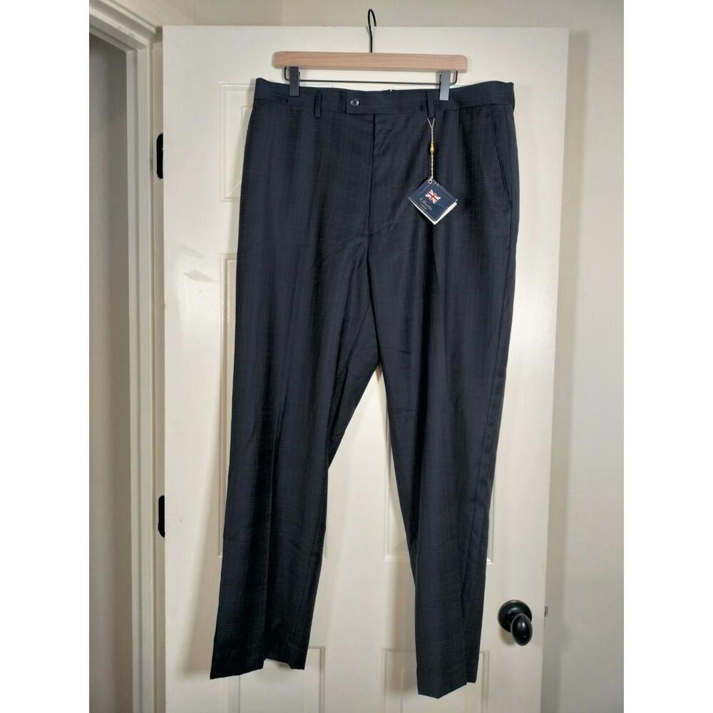 NWT T. Harris London‎ Men’s Wool Blend Dress Pants 38x30 Navy Windowpane